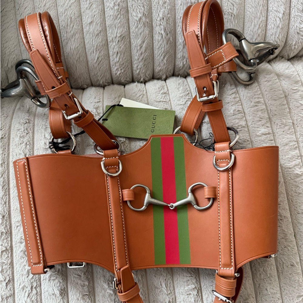 Gucci Tan Leather Harness with Green and Red Stripes - Picture 2 of 8